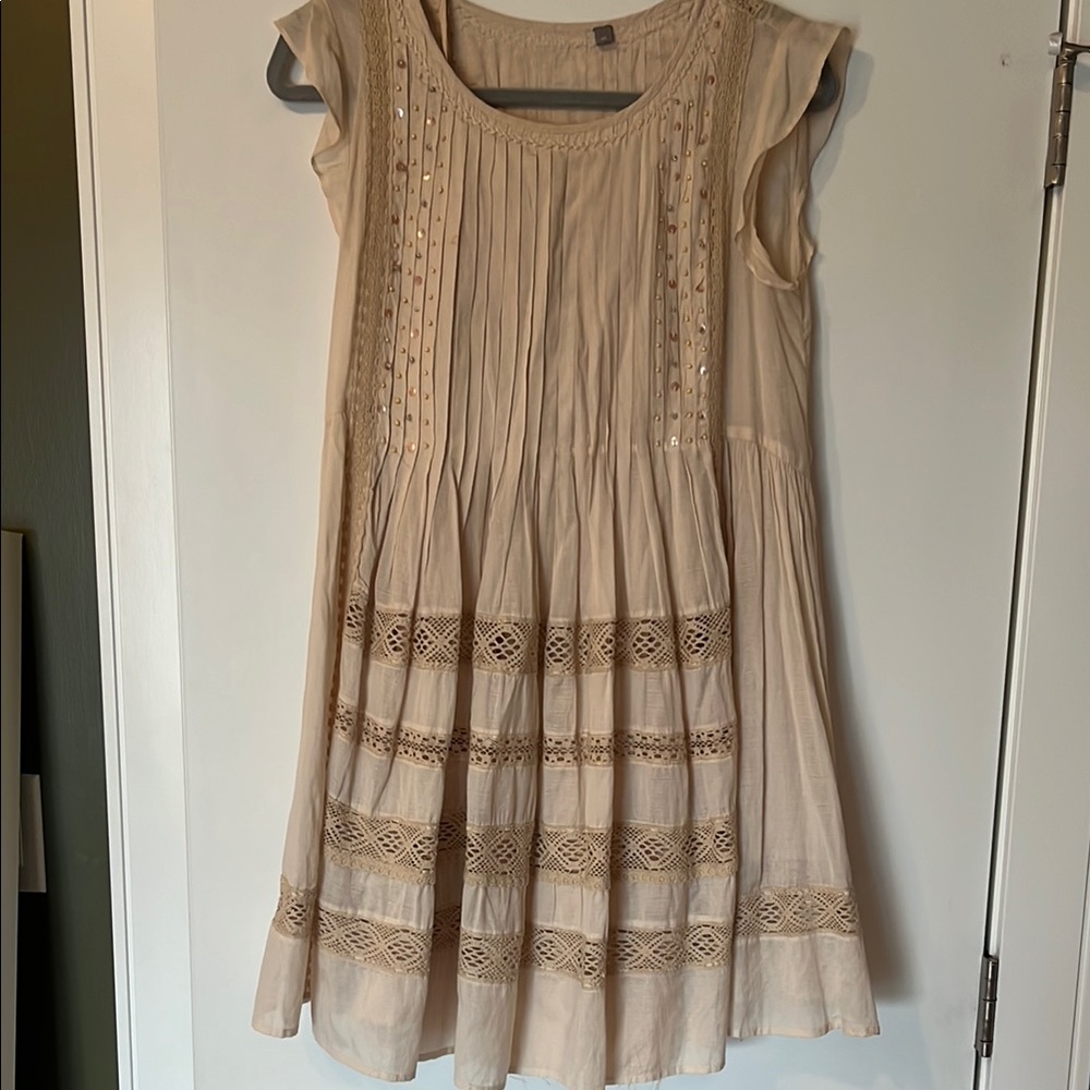 Anthropologie Beige Dress with Beading and Lace Detail